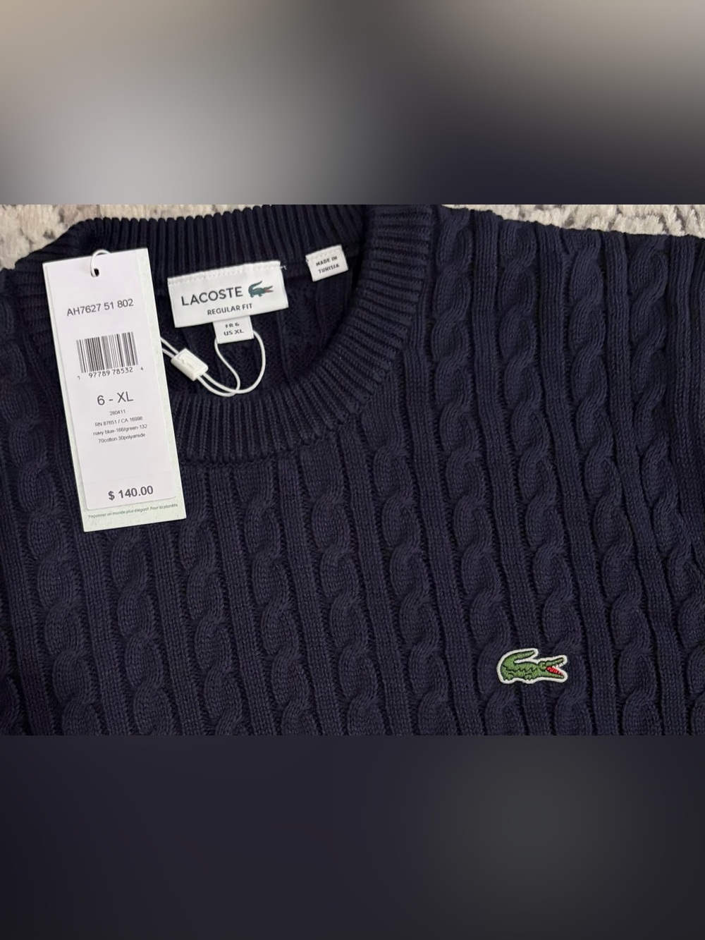 $140 Lacoste Classic Cable Knit Navy Cotton Sweater Men’s Size: XL - Picture 4 of 7